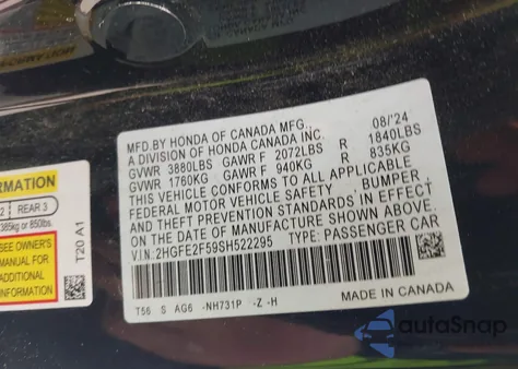 2025 Honda Civic Sport из США, поврежденный, VIN 2HGFE2F59SH522295